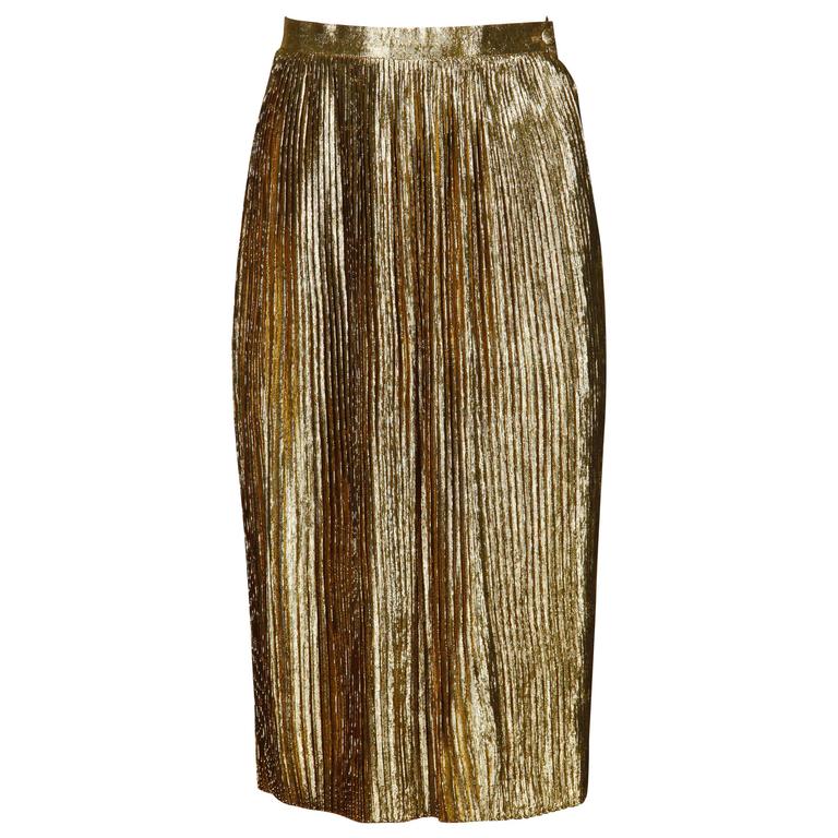 Christian Dior Vintage 1980s Metallic Gold Lamé Pleated Pencil Skirt at ...