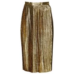 Christian Dior Vintage 1980s Metallic Gold Lamé Pleated Pencil Skirt