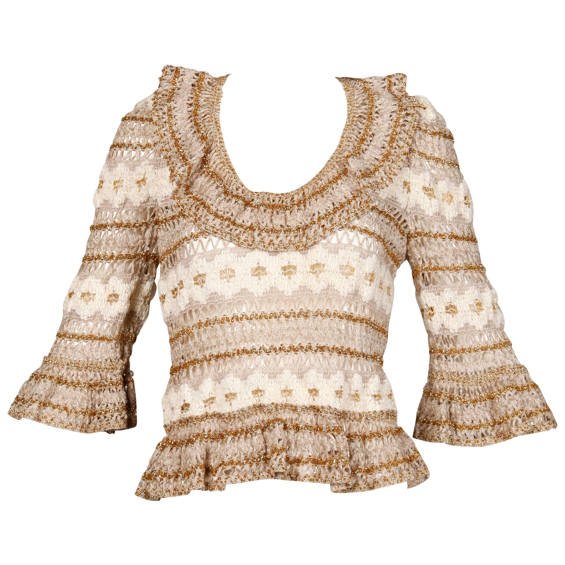 Lillie Rubin 1970s Vintage Metallic Crochet Chenille Bell Sleeve Sweater Top For Sale
