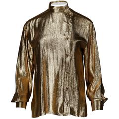 Christian Dior Vintage 1980s Metallic Gold Lamé Button Up Blouse Top 9
