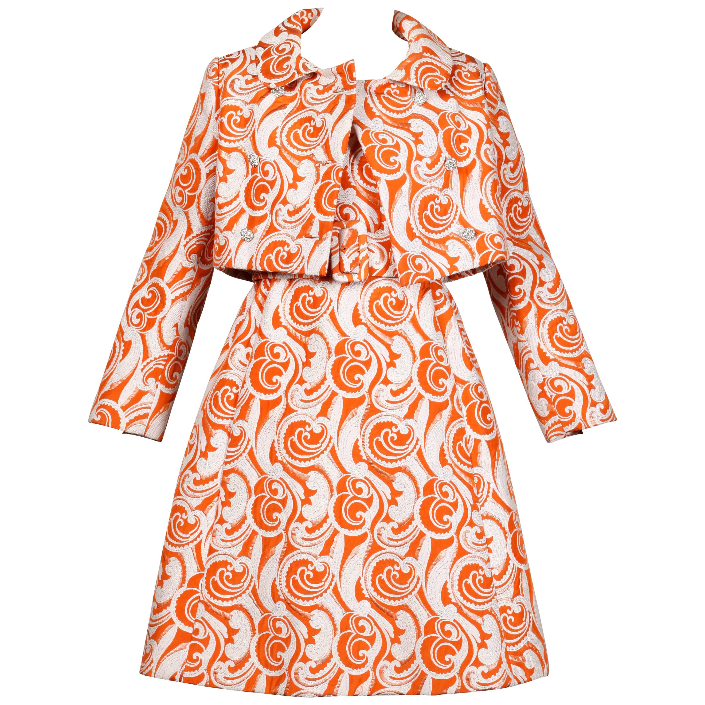 Teal Traina 1960 Vintage Orange Brocade Jacket, Belt + Dress 3-Piece Ensemble