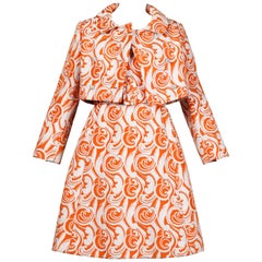 Teal Traina 1960 Vintage Orange Brocade Jacket, Belt + Dress 3-Piece Ensemble