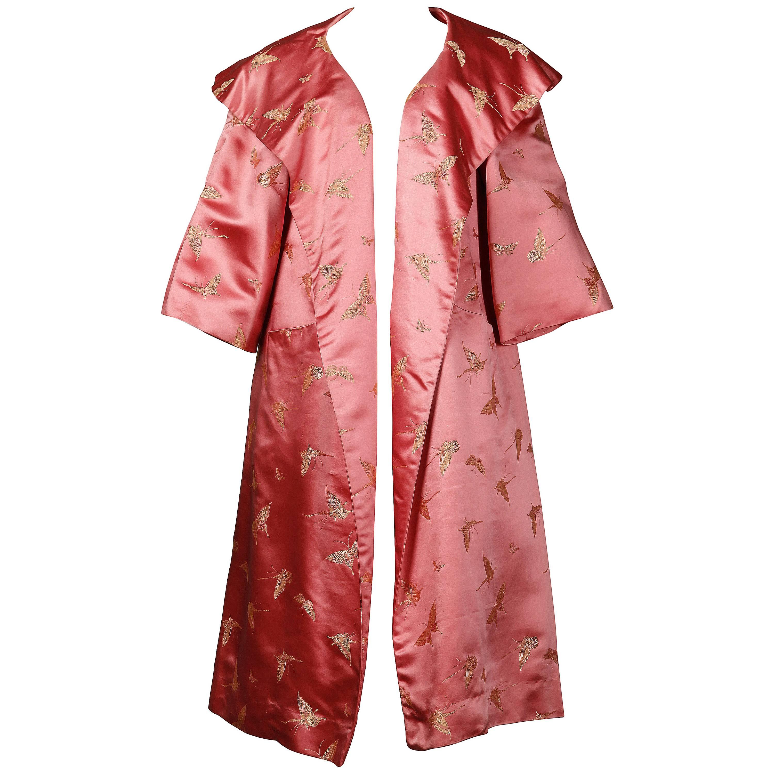 Dynasty Vintage 1960s Pink Silk Satin Swing Coat with Gold 