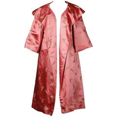 Dynasty Vintage 1960s Pink Silk Satin Swing Coat with Gold Butterflies 6