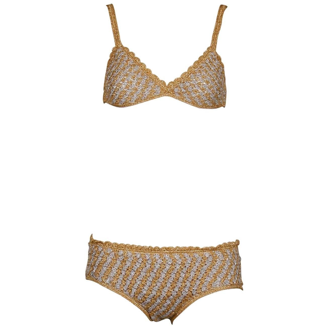 1970s Vintage Moggie Metallic Gold + Silver Crochet Bikini 2-Piece Swimsuit