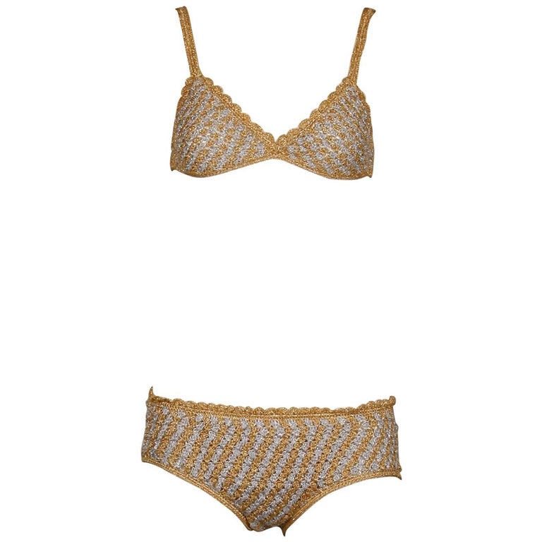 1970s Vintage Moggie Metallic Gold + Silver Crochet Bikini 2Piece