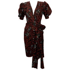 early 1980's YVES SAINT LAURENT abstract woven silk wrap dress with puff sleeves