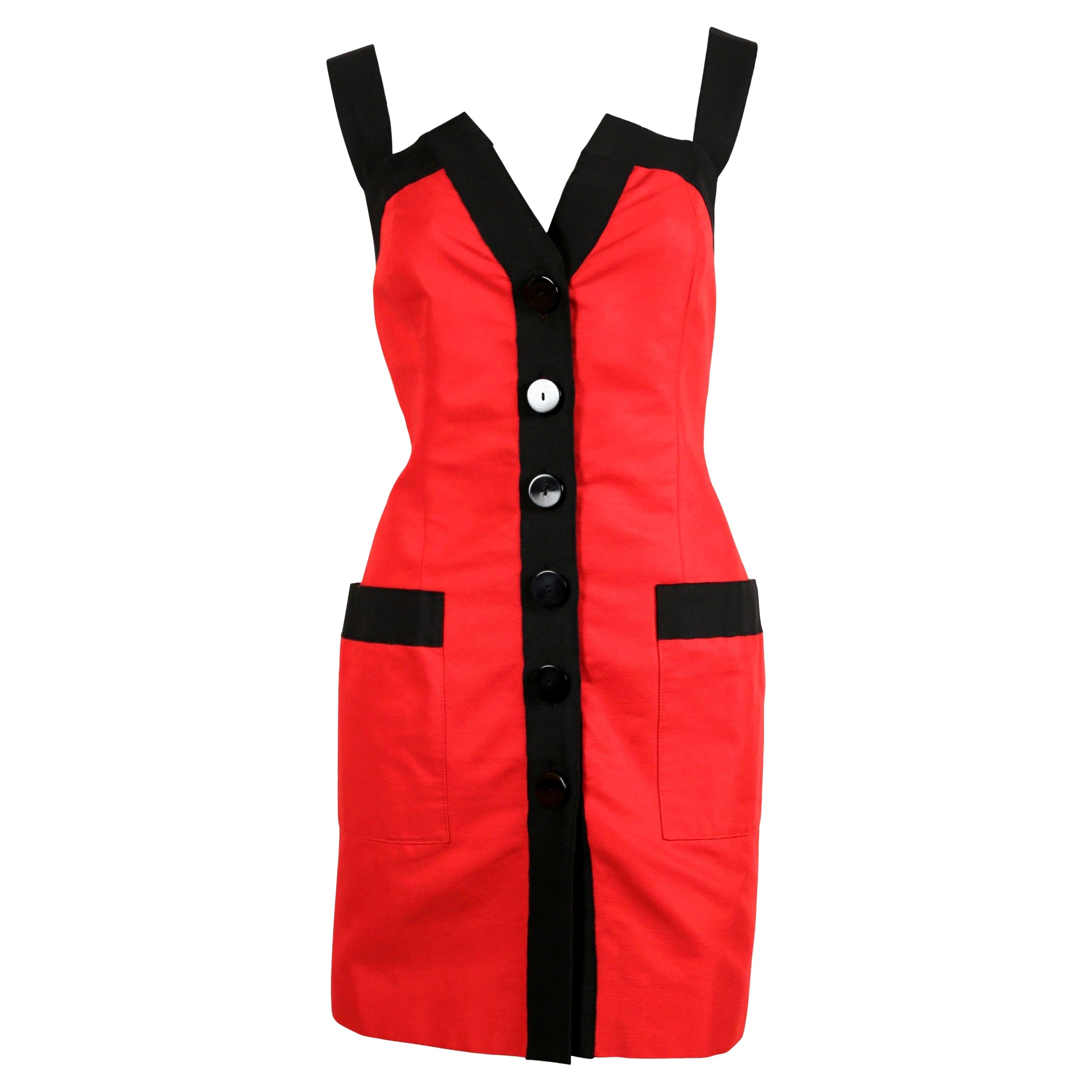 1990er Jahre YVES SAINT LAURENT rotes Baumwollkleid mit schwarzem grosgrain-Besatz  im Angebot