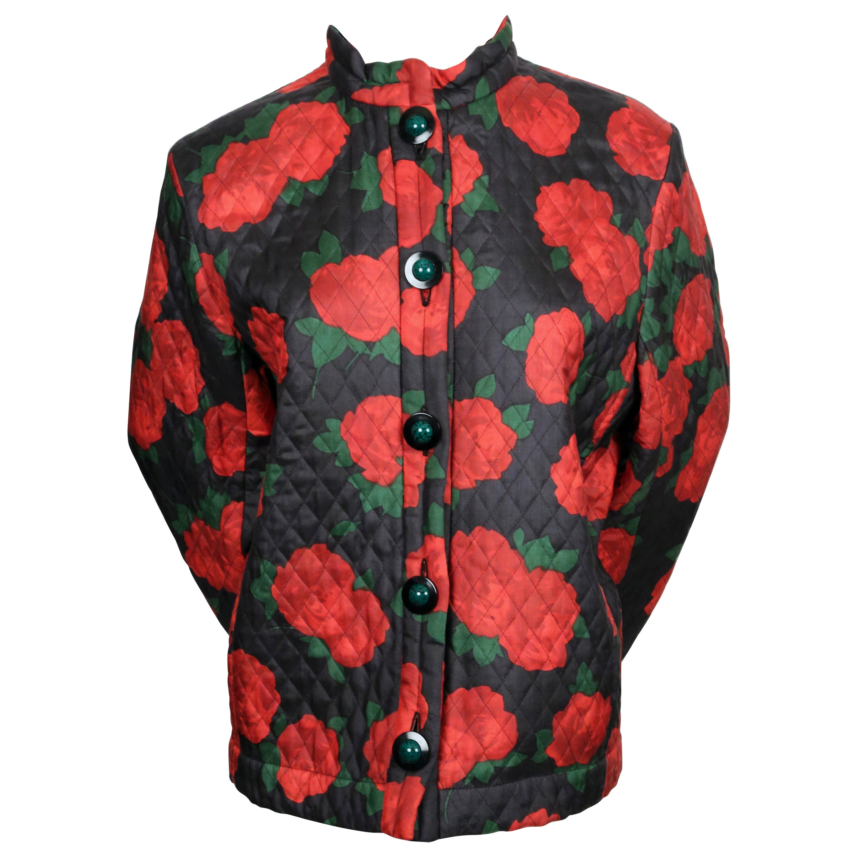 1994 YVES SAINT LAURENT rose printed silk quilted RUNWAY jacket  For Sale
