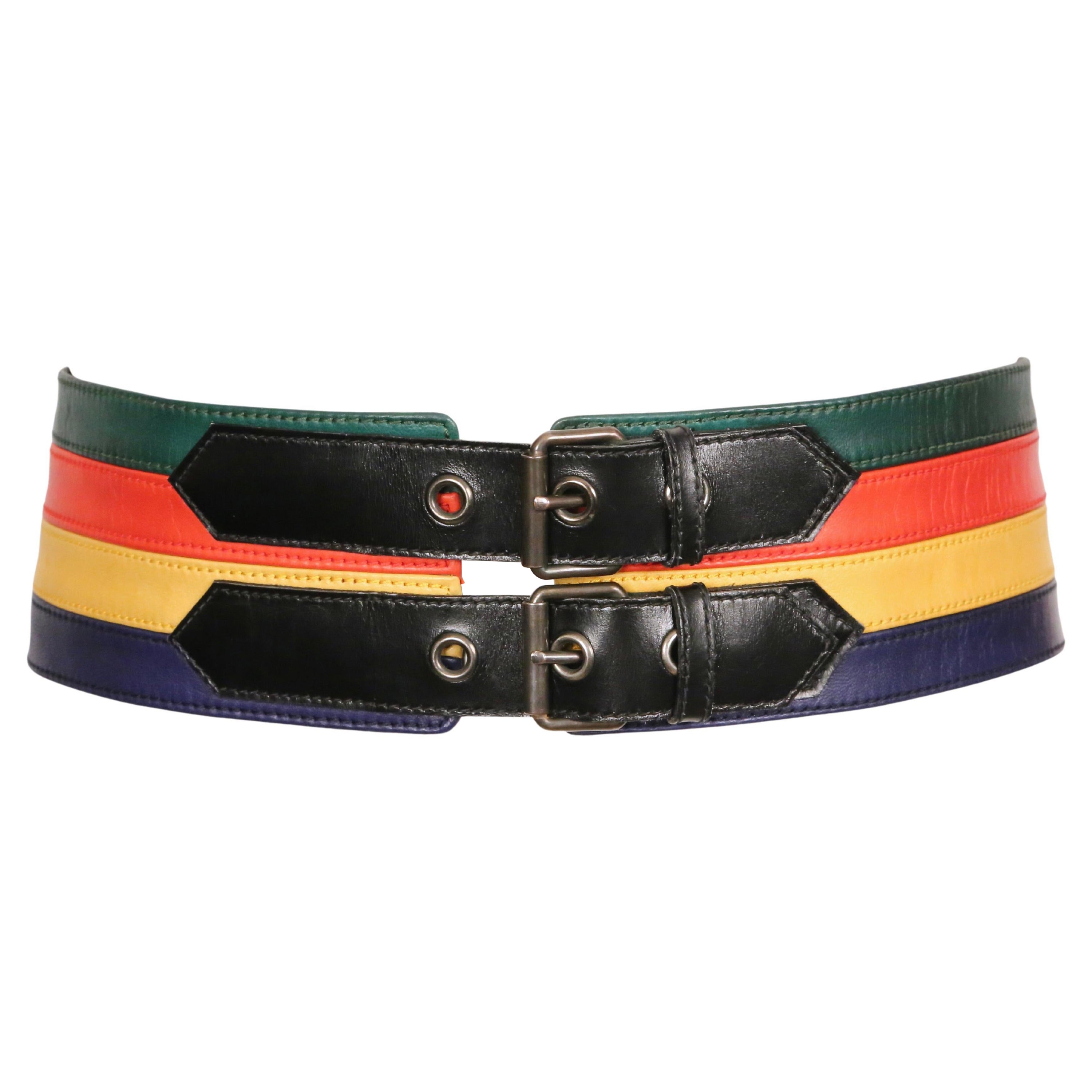 1970's YVES SAINT LAURENT colorful leather belt with black trim  For Sale