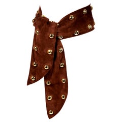 1989 YVES SAINT LAURENT brown suede belt with oversized gold studs