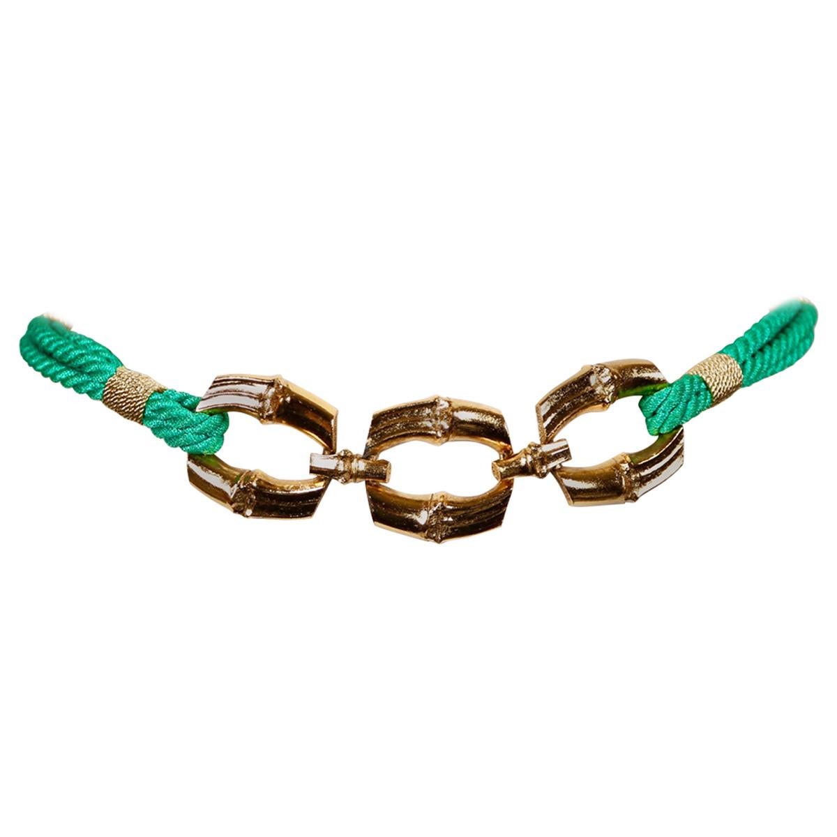 1980's SAINT LAURENT green woven cord belt with gilt bamboo buckle For Sale
