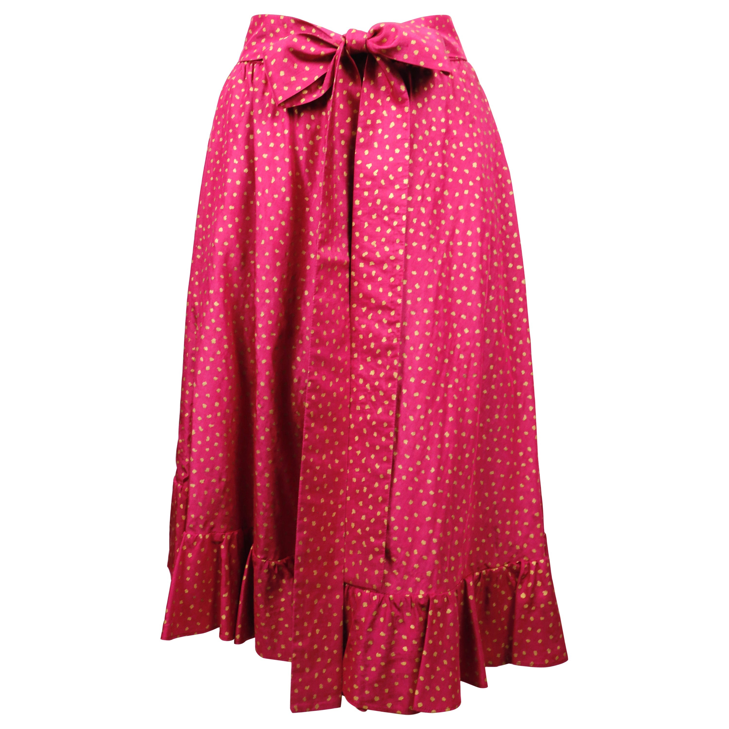 1970's SAINT LAURENT fuchsia and gold skirt with ruffled hem and long belt For Sale