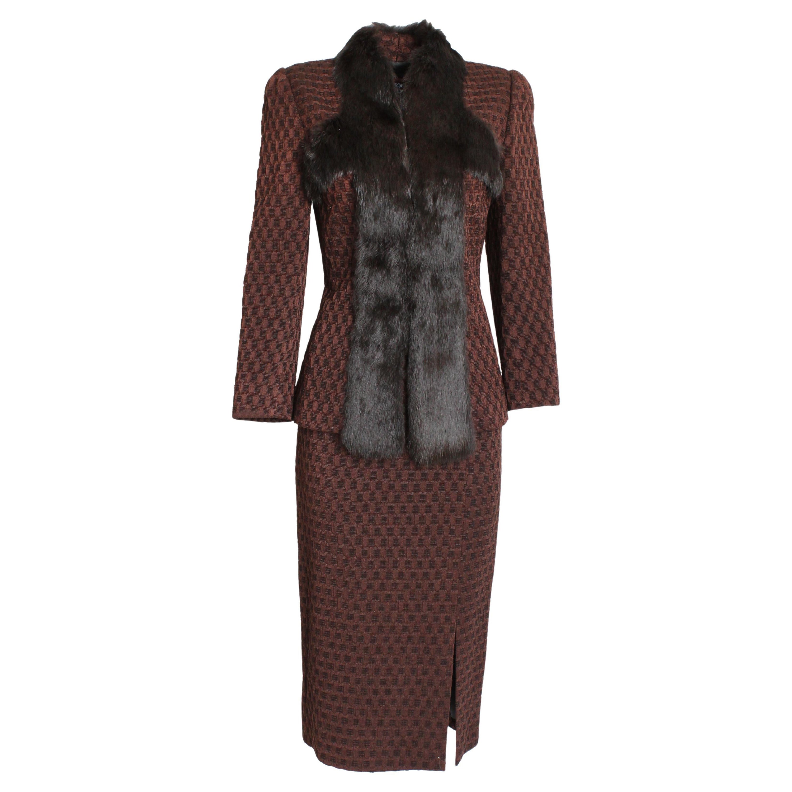 John Galliano Suit 2pc Rabbit Trim Jacket and Pencil Skirt Silk Wool Knit Sz 6 For Sale