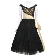 Vintage 1950's Pauline Trigere Black Lace & Ivory Satin Off-Shoulder Party Dress