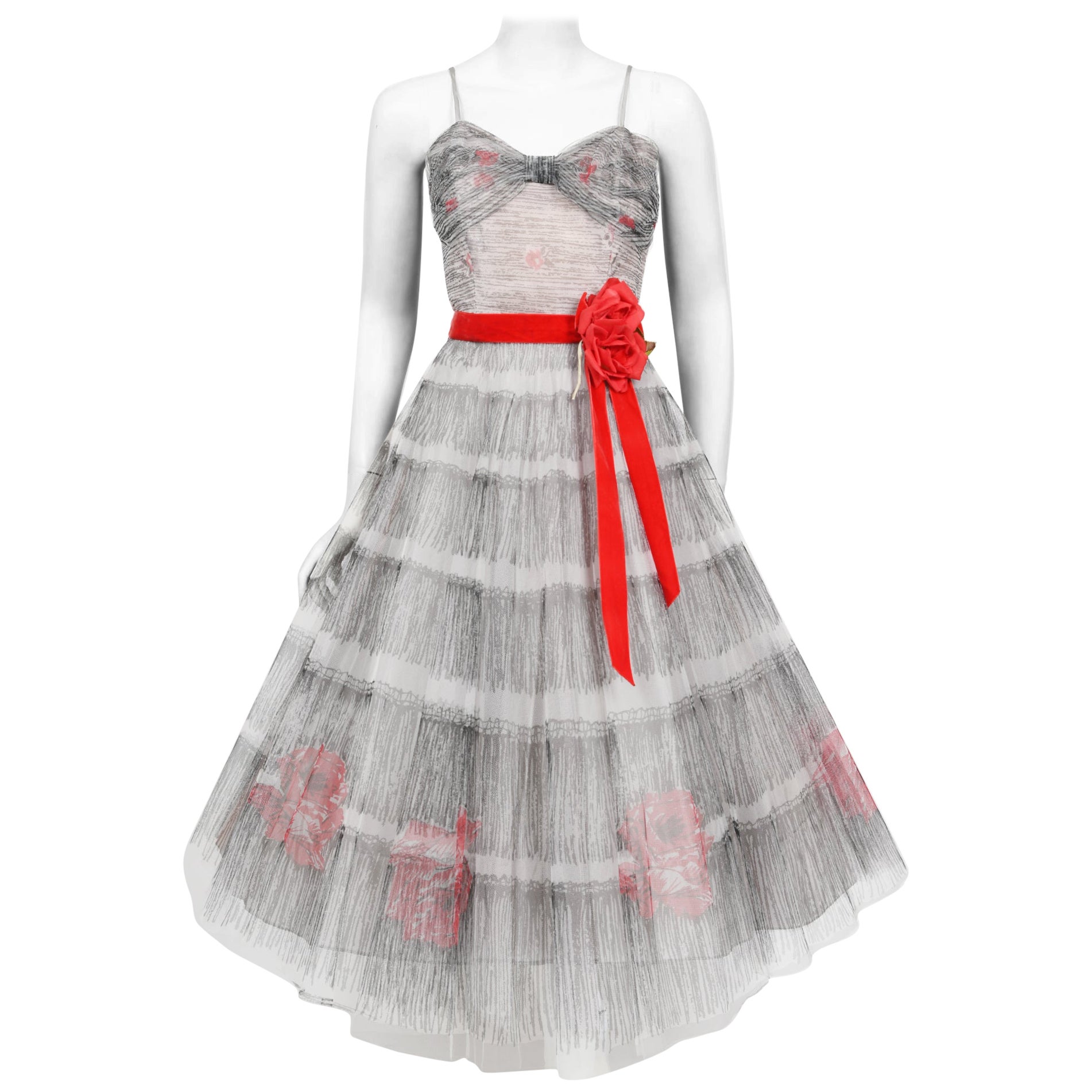 Vintage 1950's Emma Domb Red Roses Illusion Print Tulle Full-Skirt Party Dress For Sale