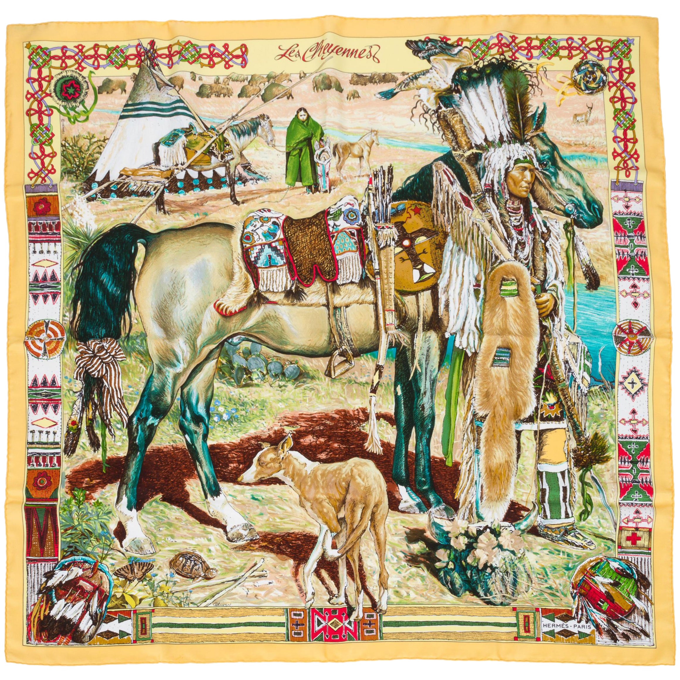 Collectible Hermès Les Cheyennes Silk Scarf by Kermit Oliver For Sale