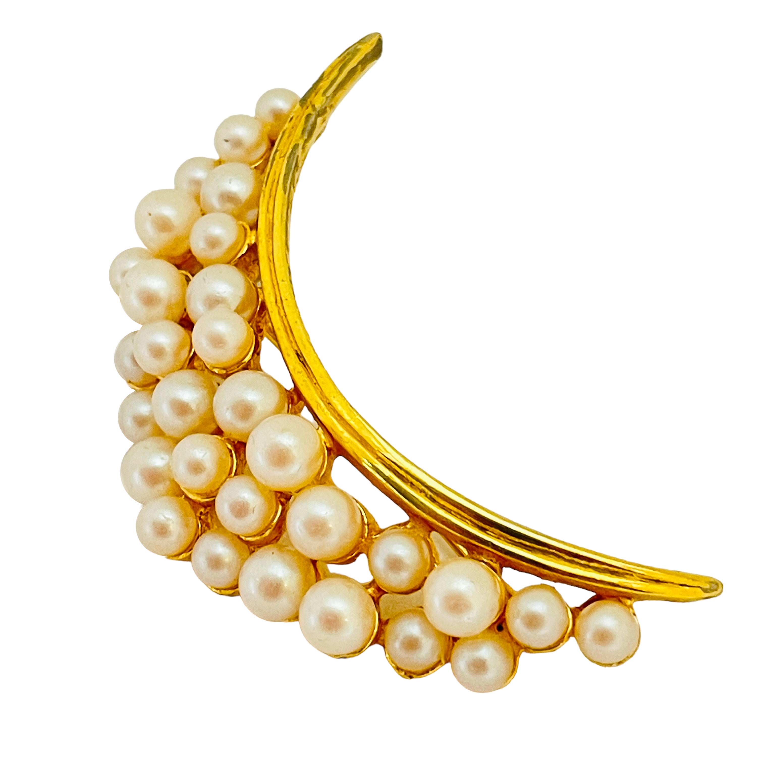 Vintage Gold Perle Mond Mondsichel Brosche im Angebot