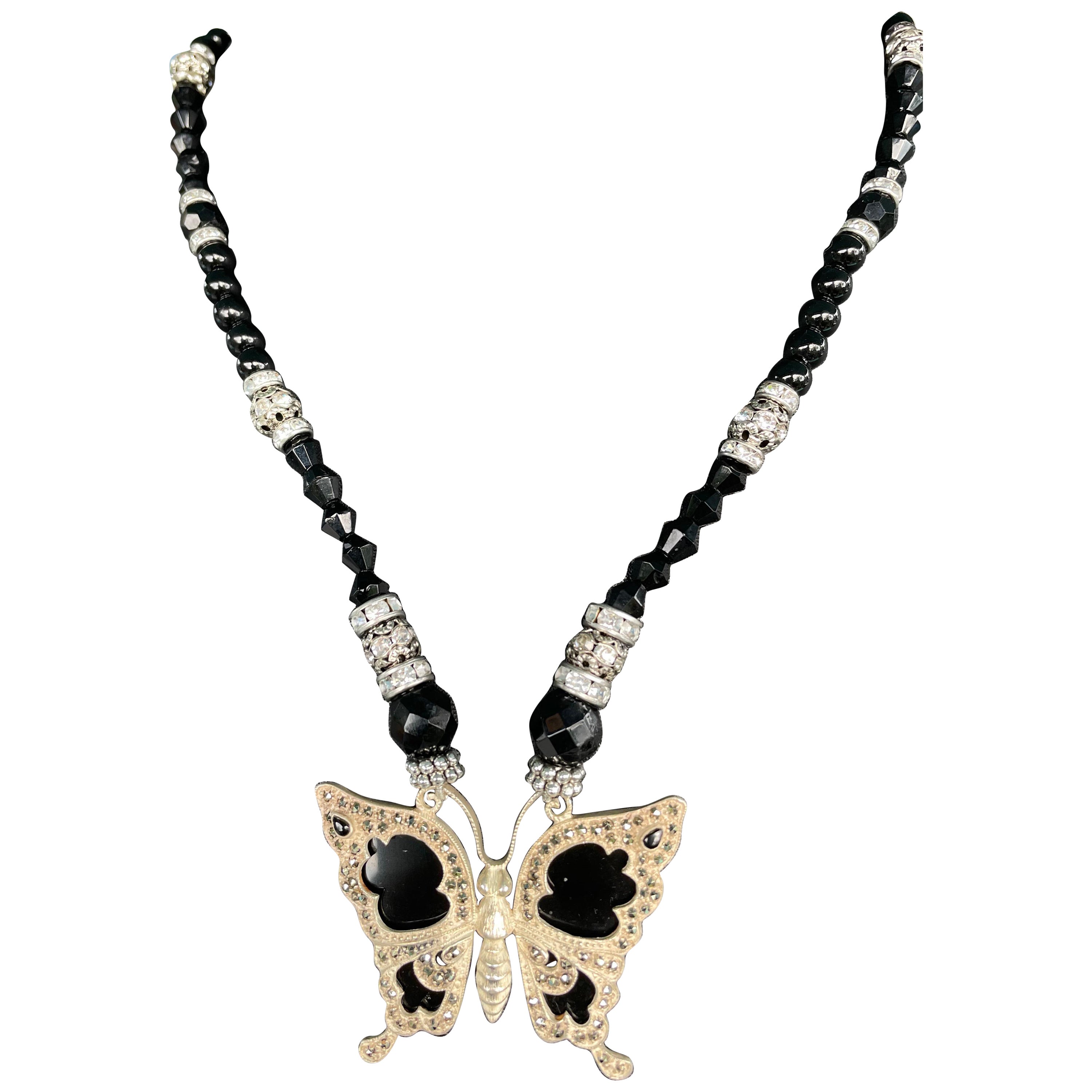 LB stunning antique Silver Onyx Butterfly pendant necklace with onyx crystal  For Sale