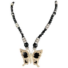LB atemberaubende antike Silber-Onyx-Schmetterlingsanhänger-Halskette mit Onyxkristall 
