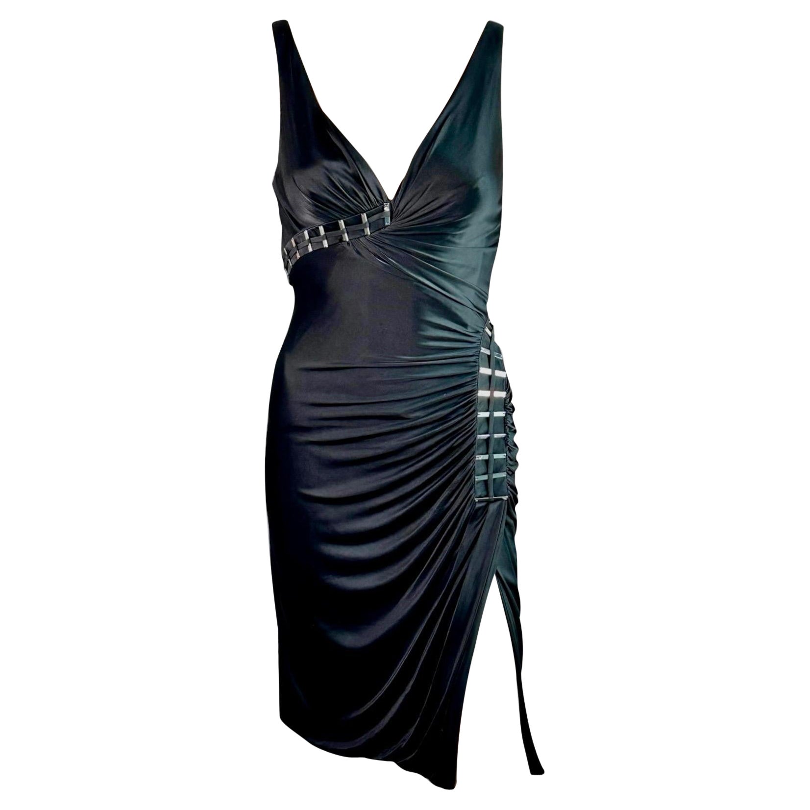 Versace F/W 2009 Embellished Plunging Neckline Open Back Black Dress