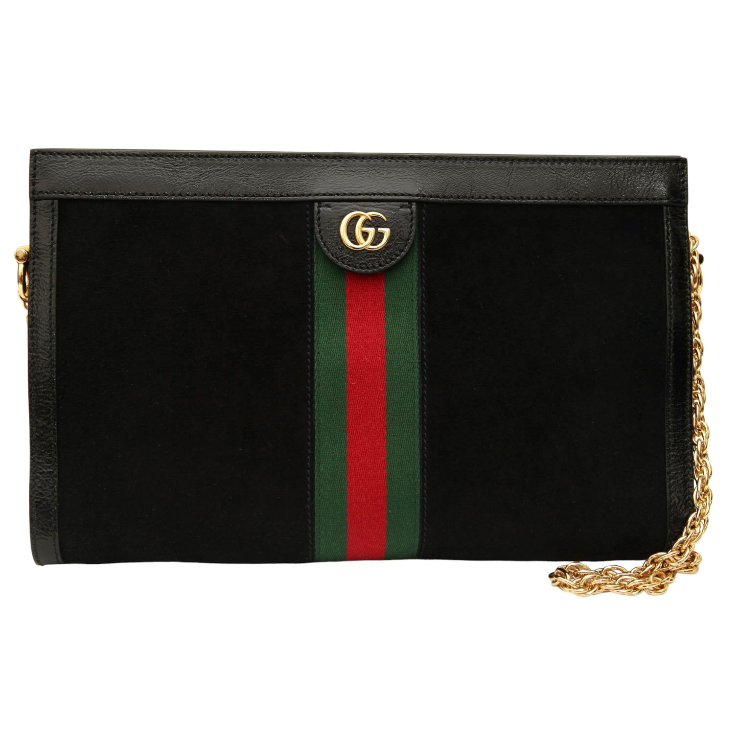 GUCCI Black Suede Patent Leather Bag Medium Ophidia Web Green Chain Gold