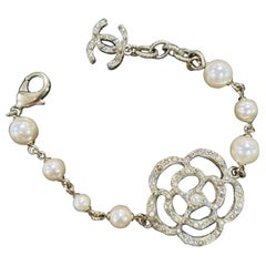 Chanel Vintage Gold CC Black Clover Camellia Pearl Crystal Charm Bracelet