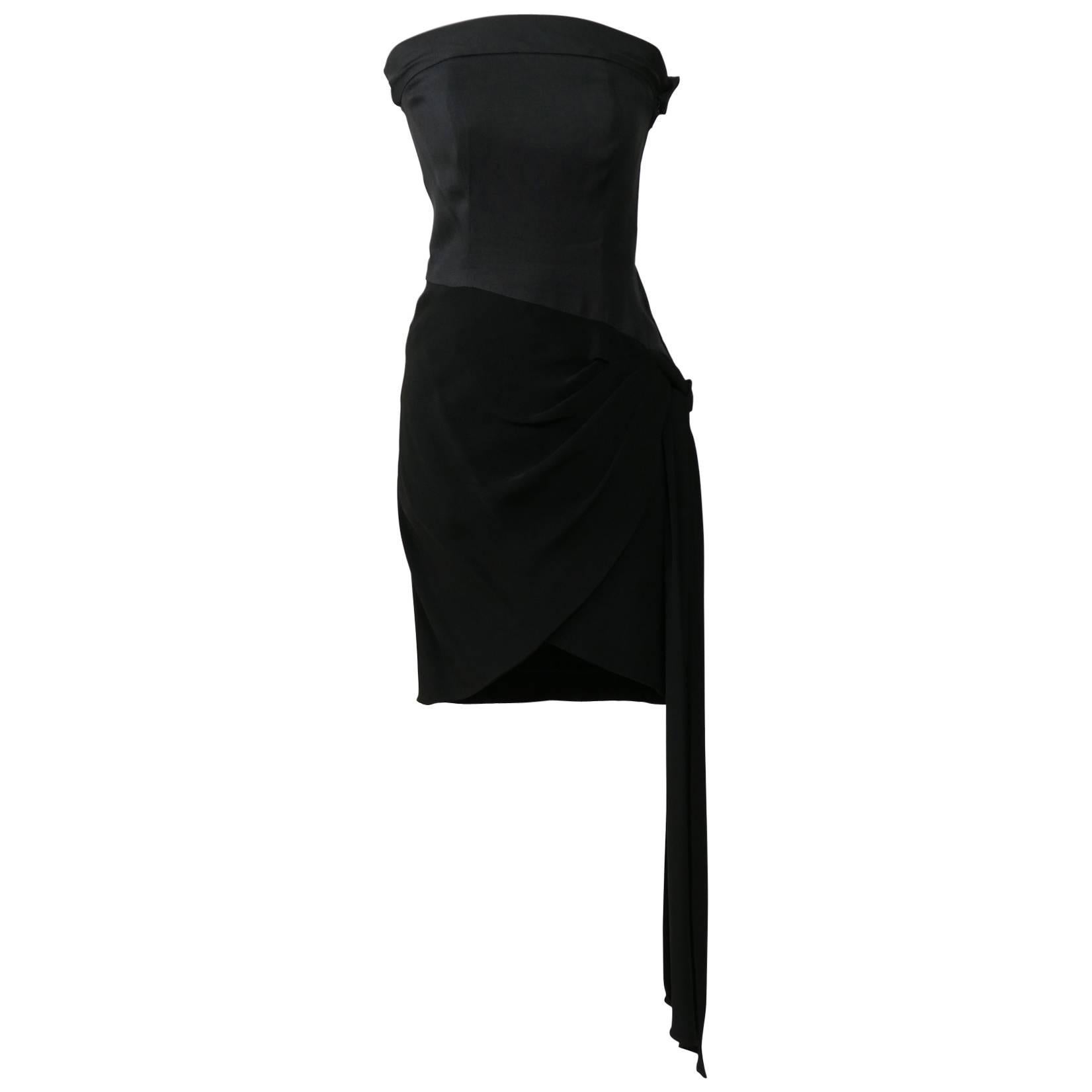 1980s SAINT LAURENT Rive Gauche Black Strapless Cocktail Dress For Sale