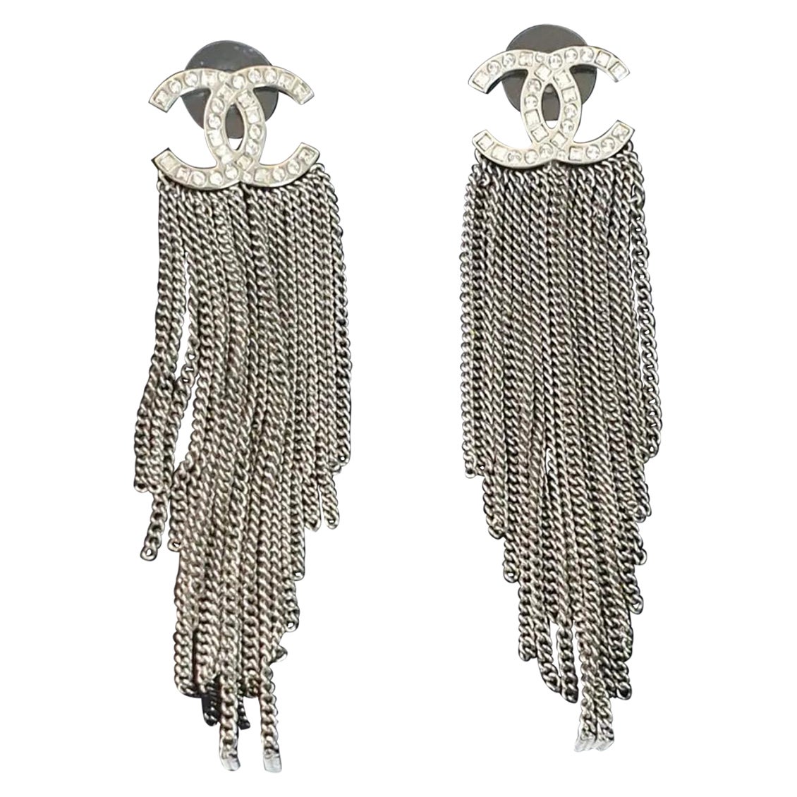 Chanel Silvertone and Crystal CC Fringe Earrings 