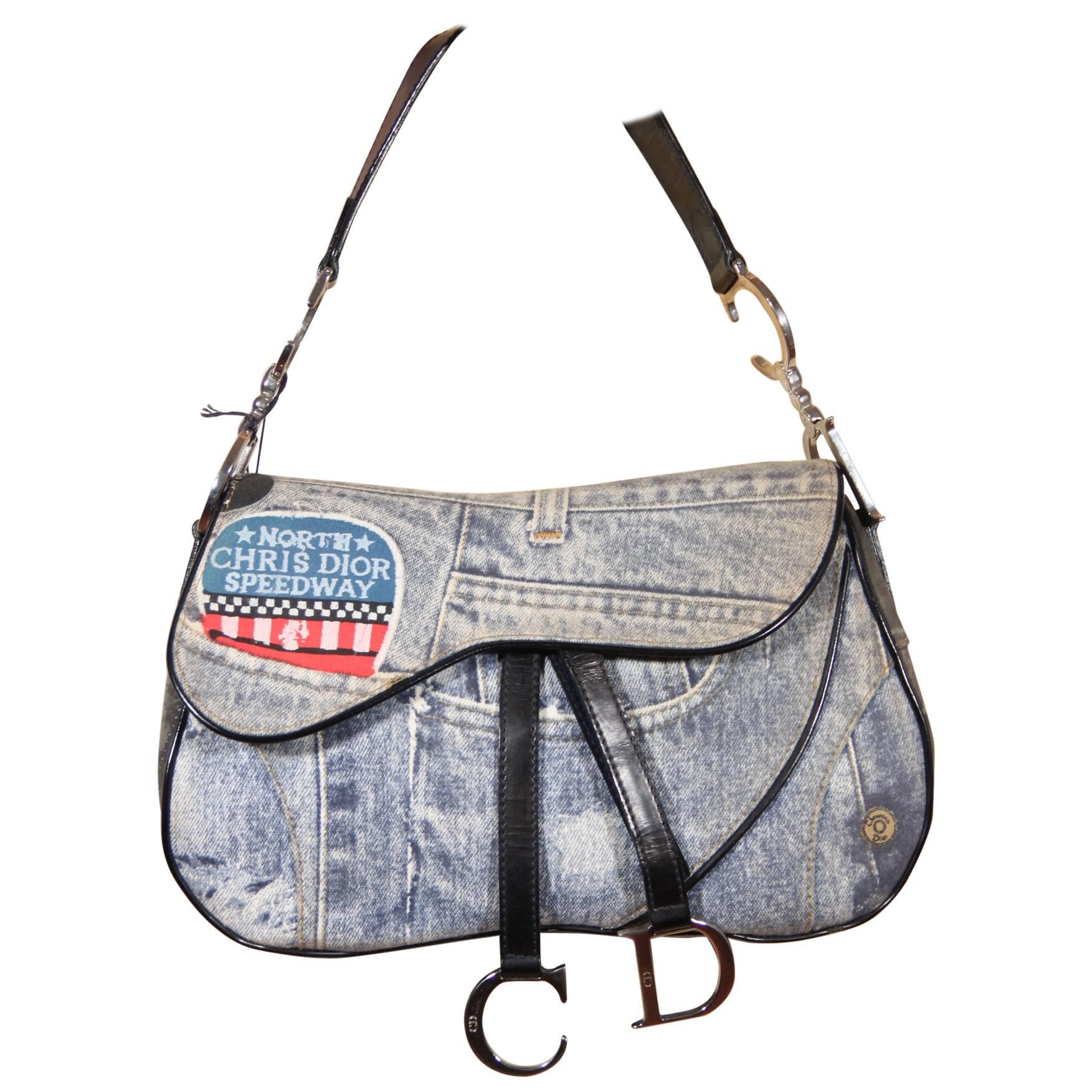 CHRISTIAN DIOR Denim Print SPEEDWAY Canvas DOUBLE SADDLE BAG Handbag