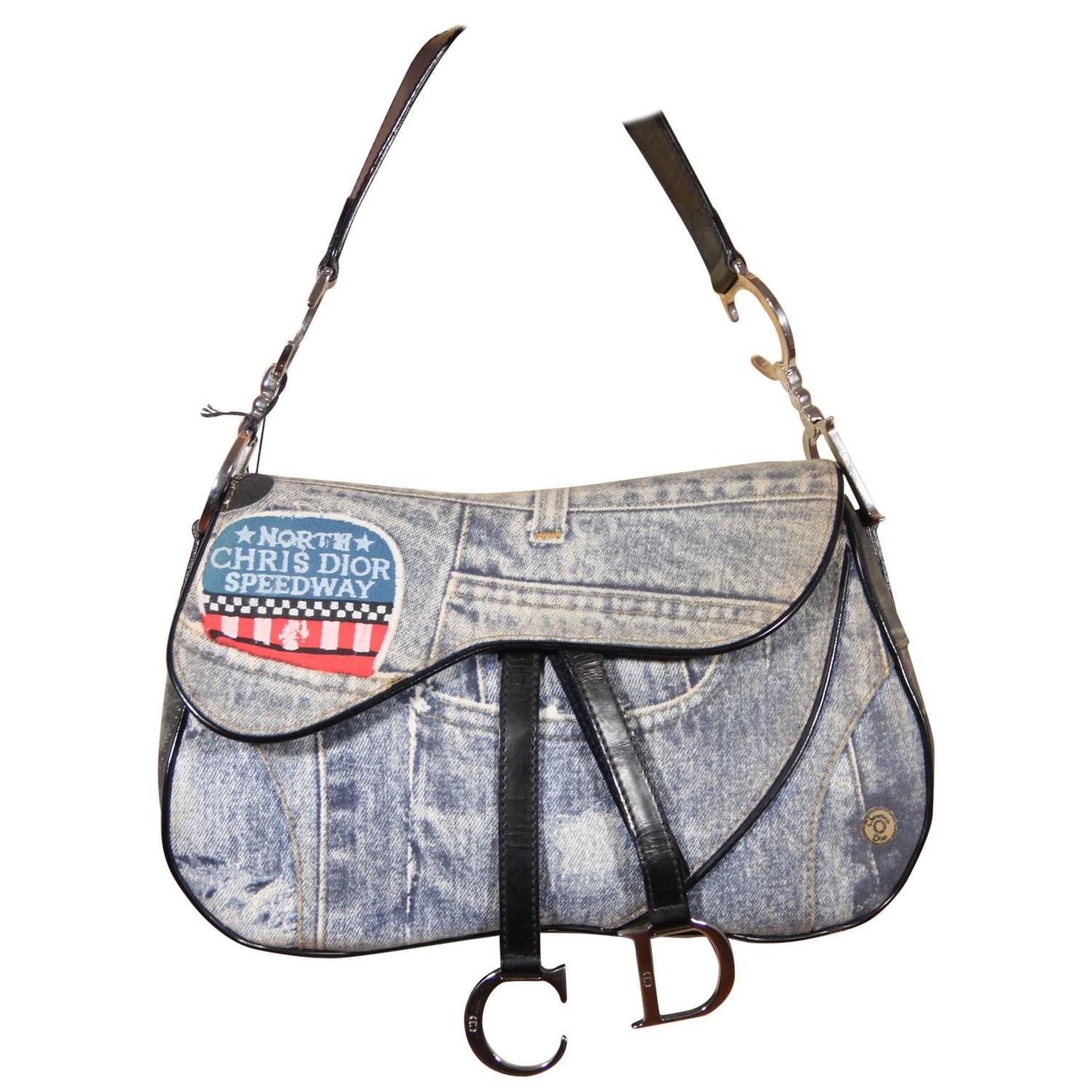 CHRISTIAN DIOR Denim Print SPEEDWAY Canvas DOUBLE SADDLE BAG Handbag For Sale at 1stdibs