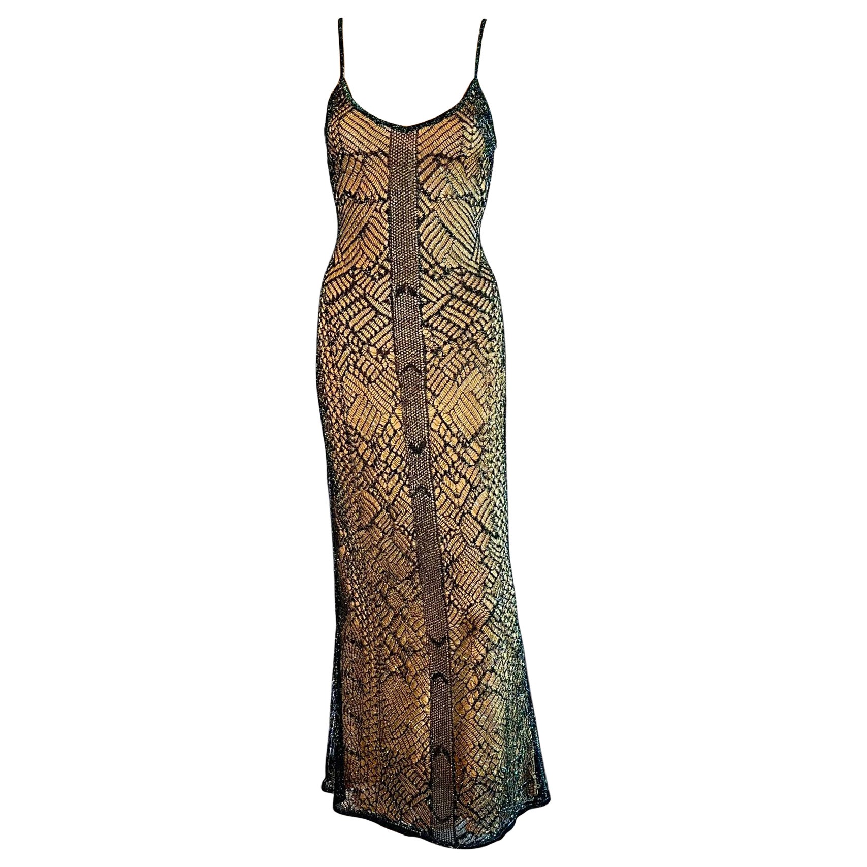 Thierry Mugler Couture - Robe de soirée longue vintage semi-transparente en maille crochetée 