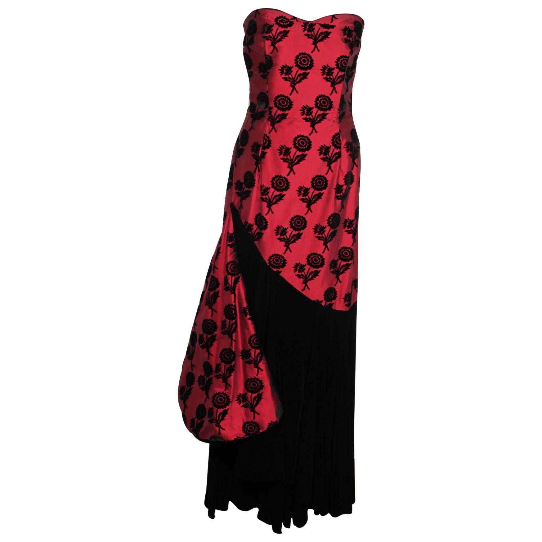 VINTAGE Italian Red & Black TAFFETA VELVET Long EVENING DRESS Ball Gown sz 42 IT