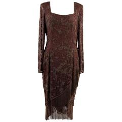 BLACK TIE by OLEG CASSINI Vintage Brown BEADED EVENING DRESS w/ Fringes 8