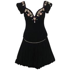 DAVID FIELDEN LONDON Vintage Black Velvet COCKTAIL DRESS w/ EMBROIDERY Sz S