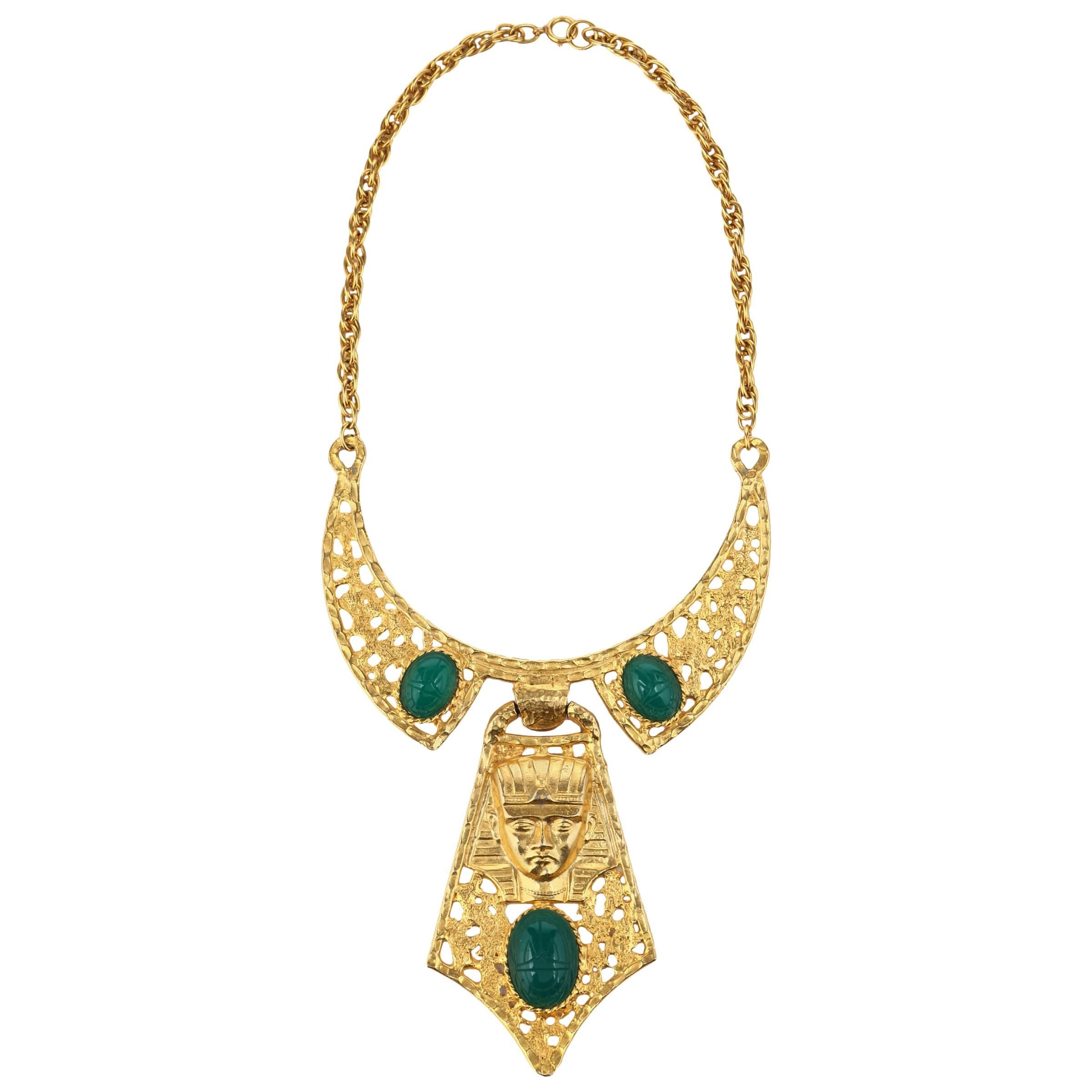 HATTIE CARNEGIE 1960s Gold Green Egyptian Pharaoh Scarab Collar Bib Necklace