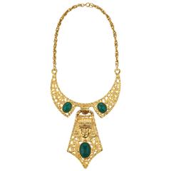 HATTIE CARNAGIE 1960s Gold Green Egyptian Pharaoh Scarab Collar Bib Necklace 5
