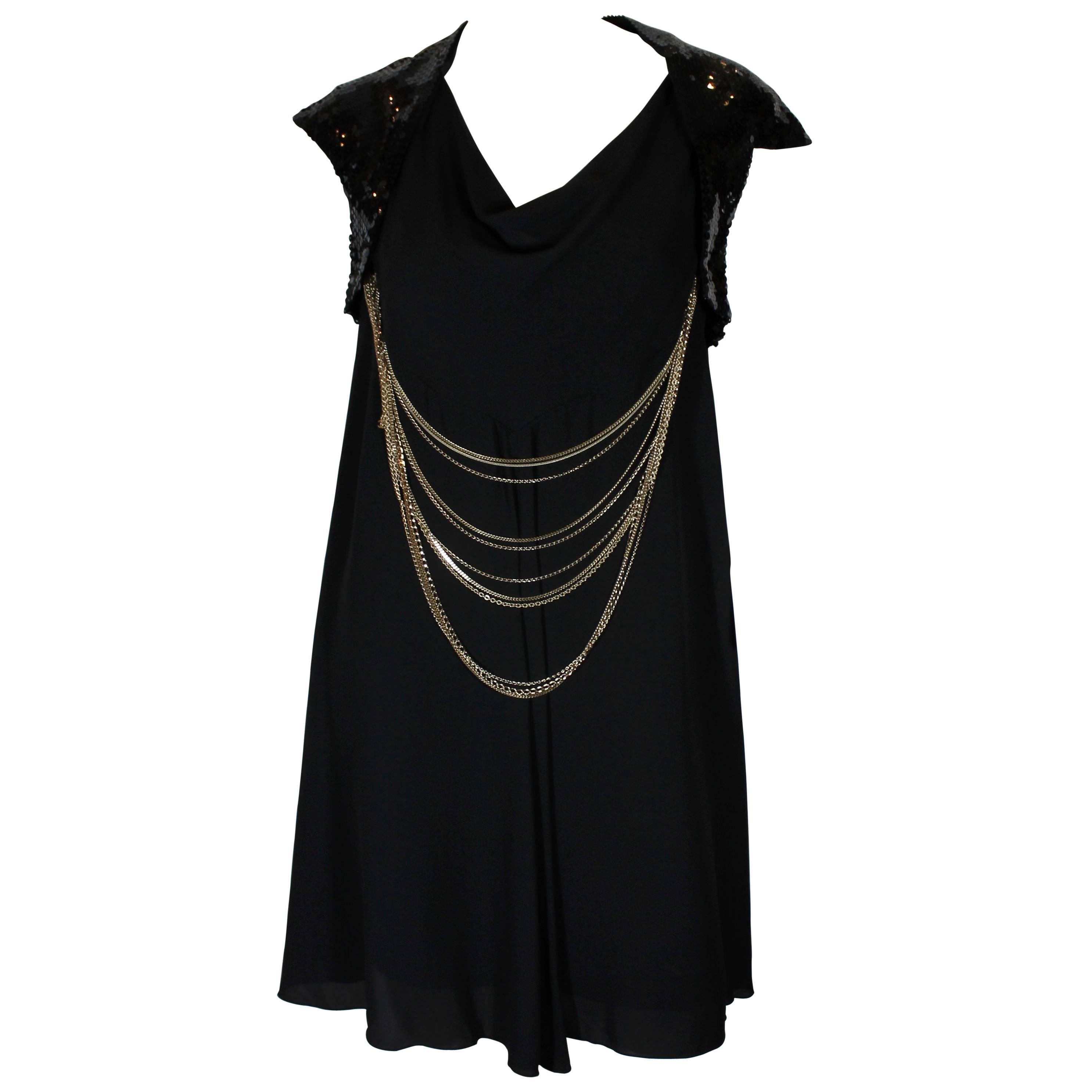 Chanel Black Silk and Sequined Dress with Gold Multi-Layer Chain, 2007  For Sale