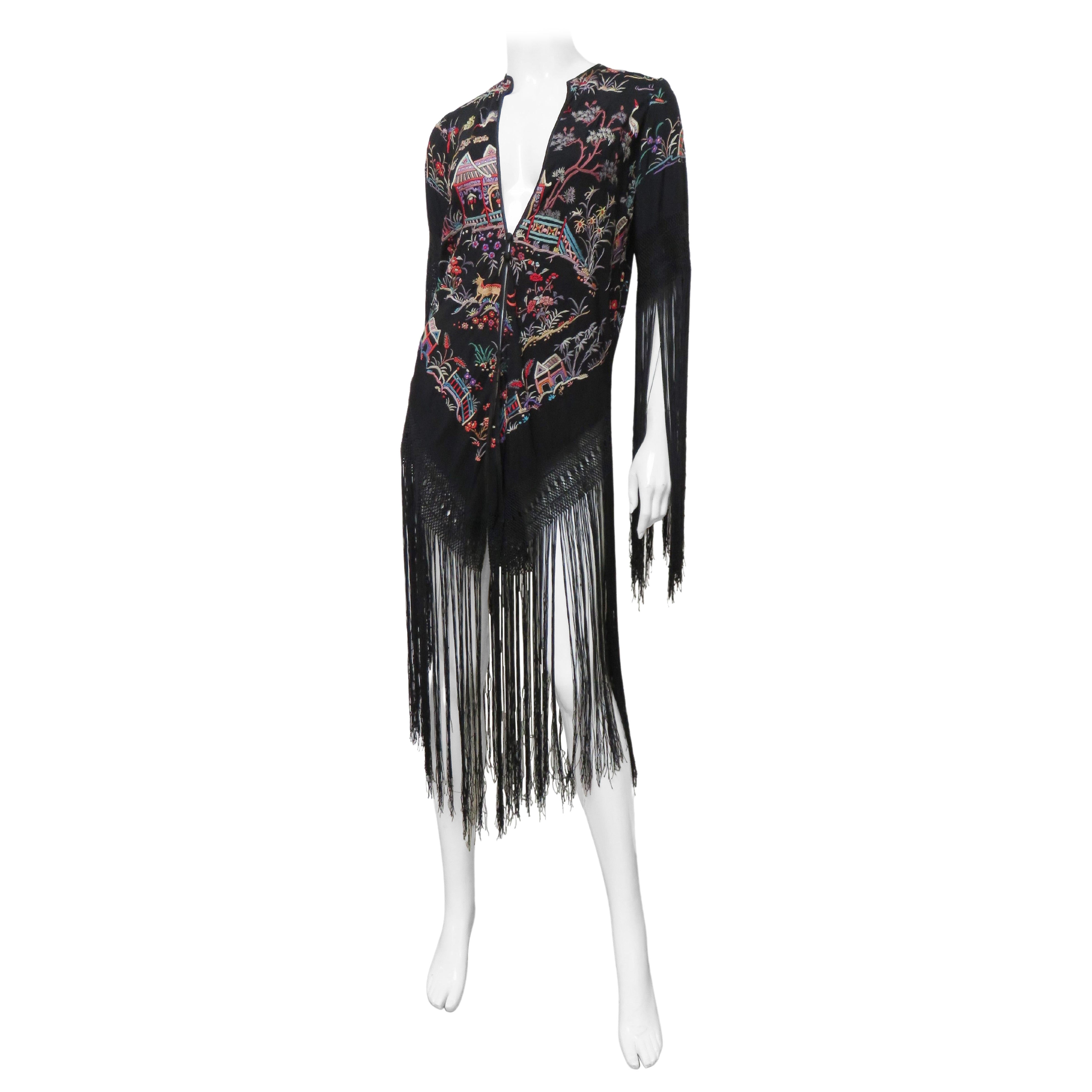 Antique Elaborately Embroidered 1920s Silk Jacket with Fringe For Sale