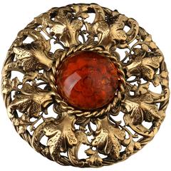 1995 Chanel Camelia Gripoix Amber Cabochon Gold Floral Brooch Pin Pendant