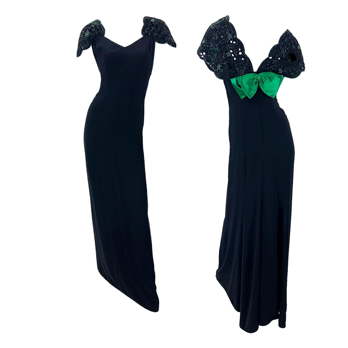 Vintage Valentino Schwarzes Kleid aus Seide mit Spitzenverzierung und grüner Schleife, US 8 im Angebot