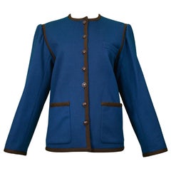 Yves Saint Laurent YSL Blaue Jacke aus Wolle mit braunem Saum