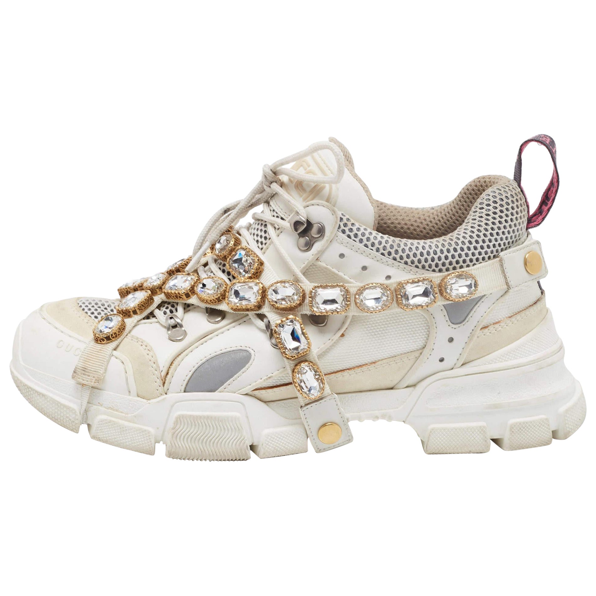 Gucci White Leather and Mesh Flashtrek Rhinestone Sneakers Size 42