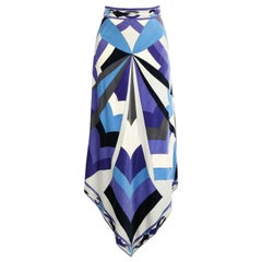 EMILIO PUCCI Jupe longue à ourlet écharpe en velours imprimé signature bleu et violet, Taille 14, années 1960