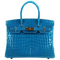 Hermes Birkin Bag 30cm Blue Izmir Nilo Croc Gold Hardware JaneFinds