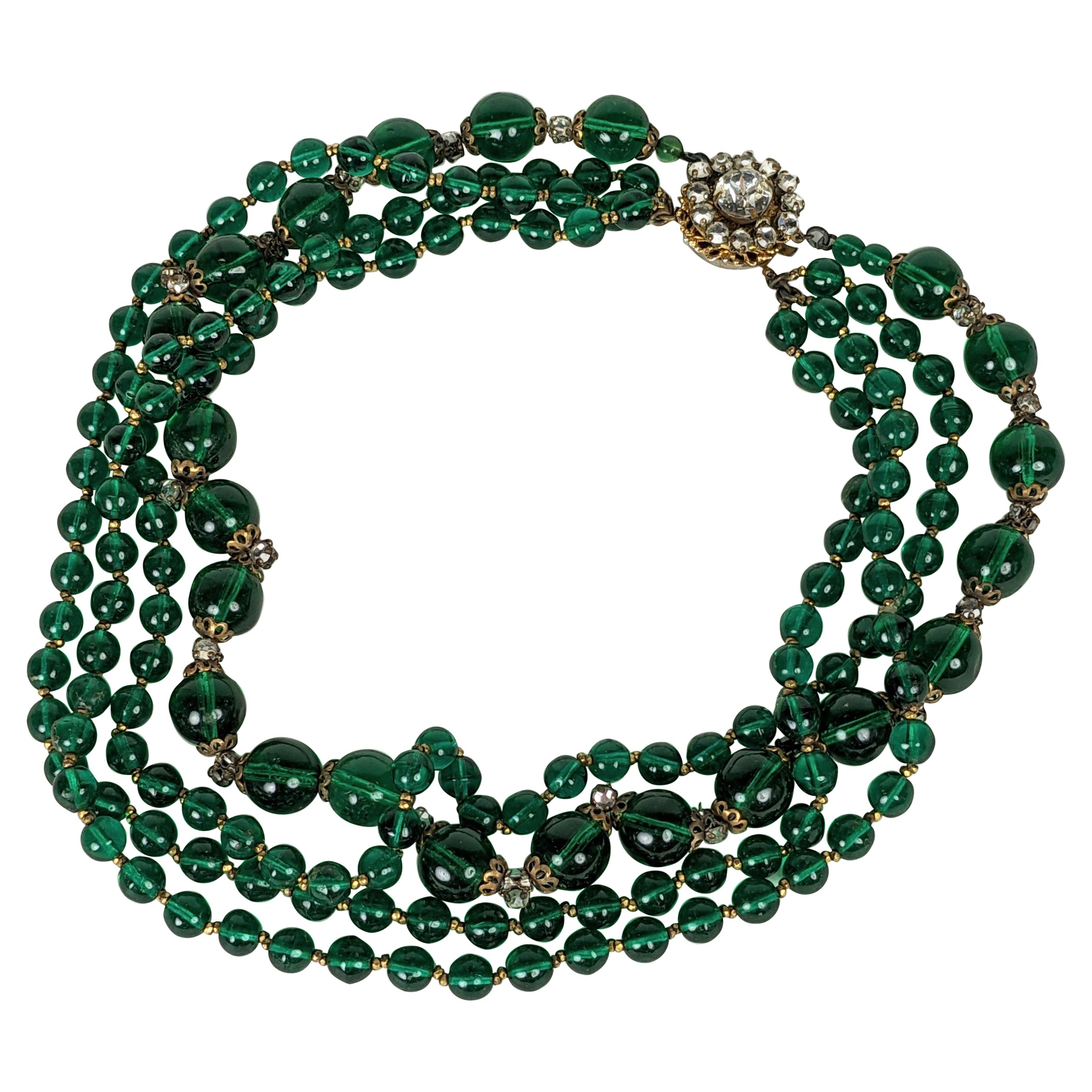 Miriam Haskell - Émeraude  Collier de perles de verre Gripoix en vente