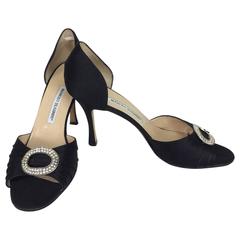 Manolo Blahnik black silk rhinestone buckle open toe d'orsay high heel pumps 40M