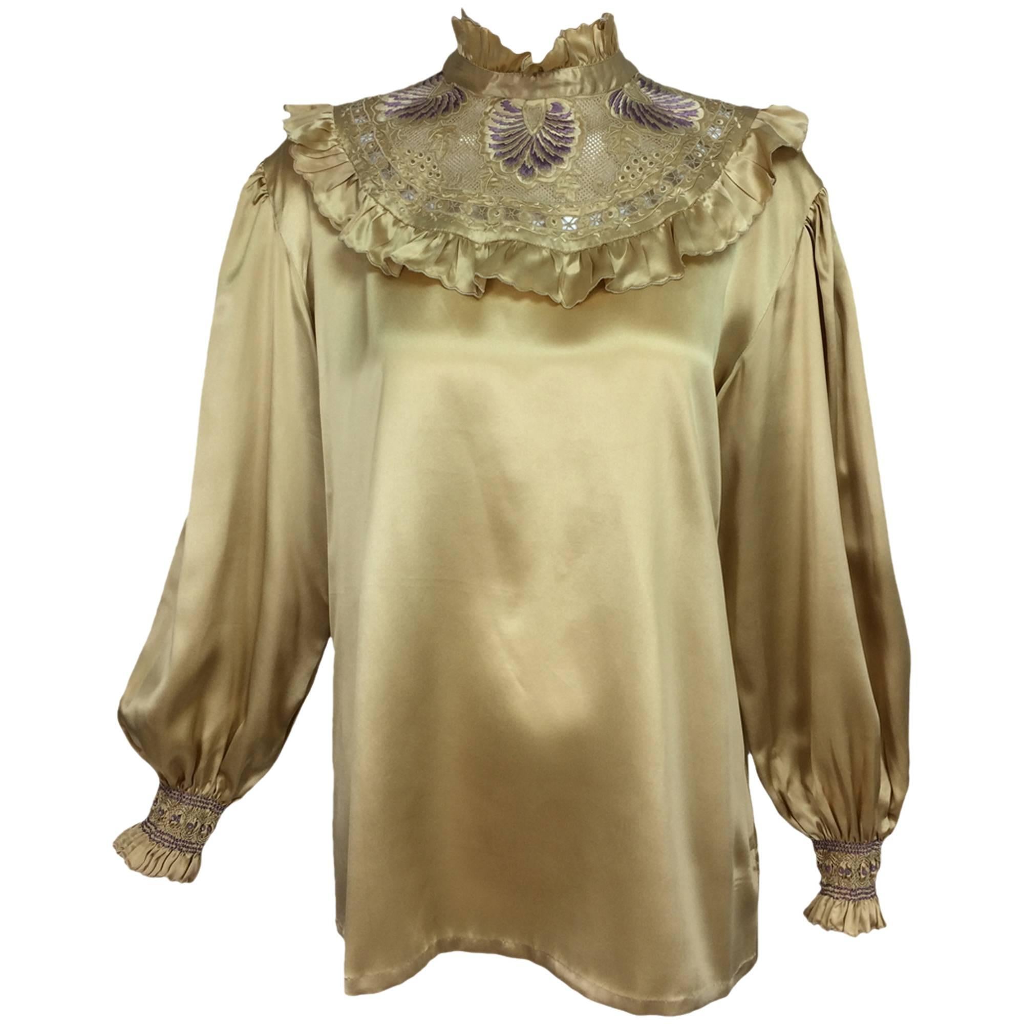 Vintage Pierre Cardin intricately embroidered gold silk satin blouse 1979