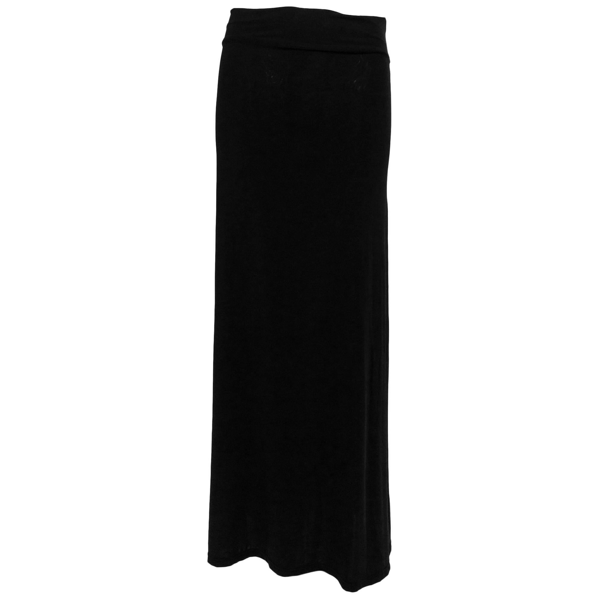 Vintage Issey Miyake silky black stretch fold over waist A line maxi skirt 1990s
