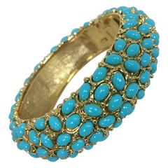 Kenneth Lane turquoise cabochon encrusted gold clamper bracelet 8
